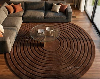 Round Area Rug • Hand Tufted Brown Wool Rug • Brown Circle Area Rug • Luxury 3D Textured Round Rug for Modern Living Room