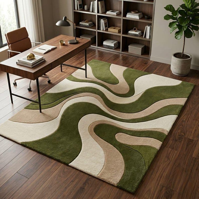 K&ouml;nnte beinhalten: Ein rechteckiger Teppich mit einem wellenf&ouml;rmigen, organischen Muster in Olivgr&uuml;n, Beige und Creme. Der Teppich hat eine strukturierte, getuftete Oberfl&auml;che mit ausgepr&auml;gten, flie&szlig;enden Linien, die ein geschichtetes, dreidimensionales Erscheinungsbild erzeugen.