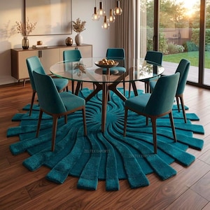 May include: A round glass dining table with a dark wood base, surrounded by six teal upholstered chairs. Beneath the table lies a large, circular teal rug featuring a textured, radiating sunburst pattern with the text ZELTEX EXPORTS visible.