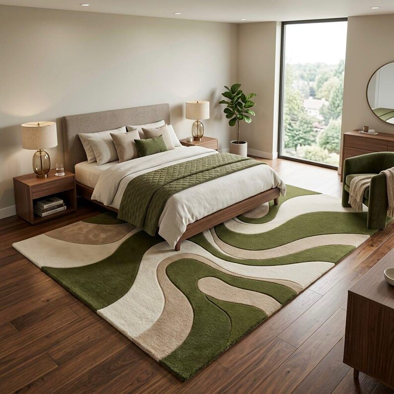 K&ouml;nnte beinhalten: Ein rechteckiger Teppich mit einem wellenf&ouml;rmigen, abstrakten Muster in Olivgr&uuml;n, Creme und Beige. Der Teppich hat eine dicke, flauschige Textur und liegt auf einem dunklen Holzboden, der sich unter einem Bettgestell in den Raum erstreckt.
