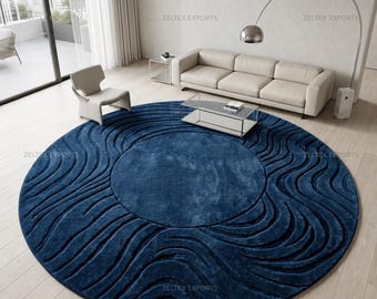 Navy Round Rug • 3D Tufted Rug • Hand Tufted Wool Rug • Dark Blue Abstract Area Rug for Modern Living Room or Nursery.
