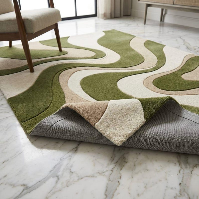 K&ouml;nnte beinhalten: Ein rechteckiger Teppich mit einem wellenf&ouml;rmigen, abstrakten Muster in Olivgr&uuml;n, Creme und Beige. Der Teppich hat eine dicke, getuftete Florstruktur und ist teilweise umgeschlagen, wodurch ein graues, strukturiertes Tr&auml;germaterial sichtbar wird.