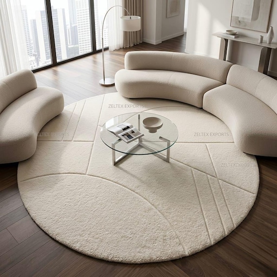 Round Area Rug • Hand Tufted Wool Rug • Cream Ivory Geometric Rug • Modern Scandinavian Rug • Contemporary Neutral Living Room Decor