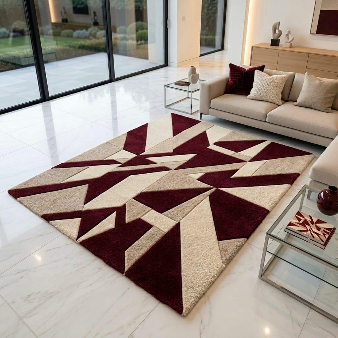 Geometric Modern Tufted Rug • Abstract Wool Rug • Modern Cream Burgundy ...
