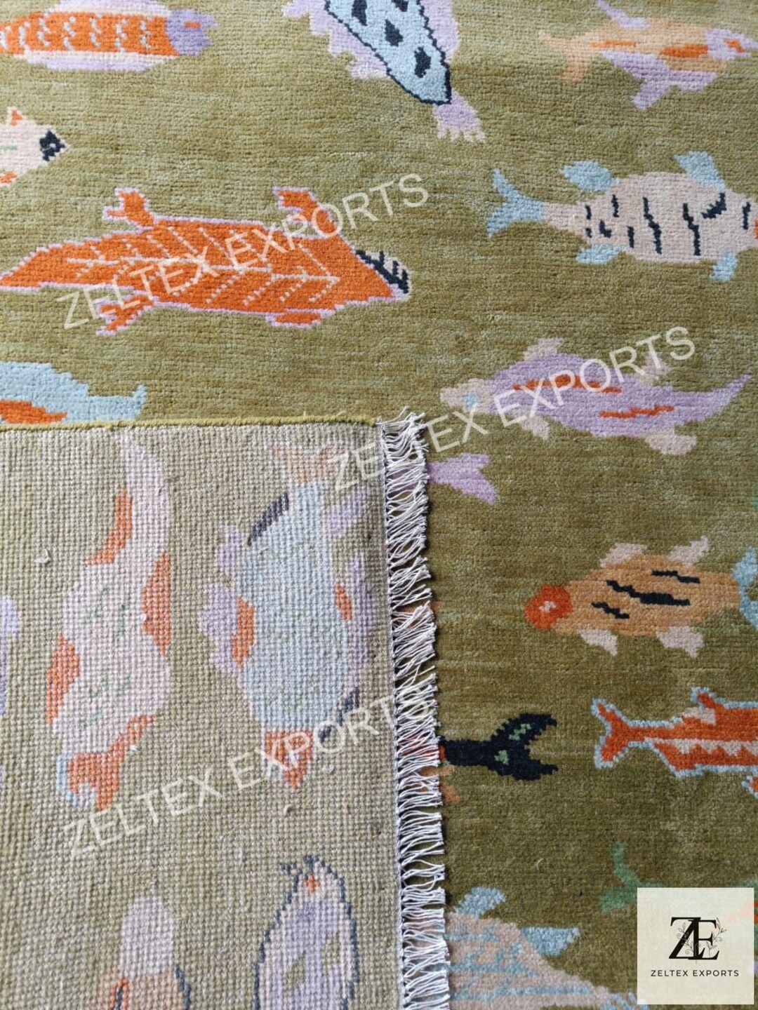 Fish Pattern Rug | Olive Green Hand Knotted Wool Rug | Modern Area ...
