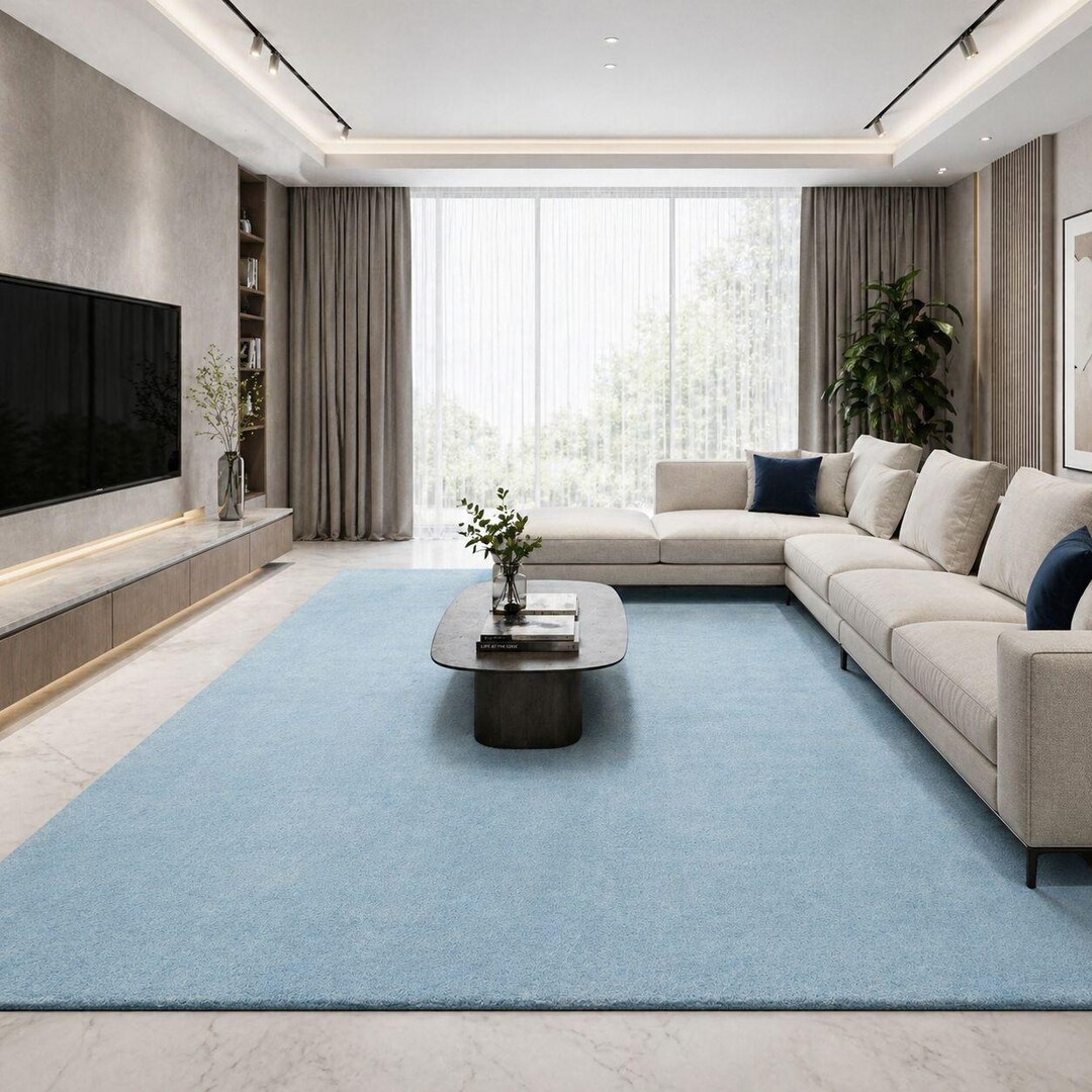 Layered Blue Rug Blue Tufted Rug • Large Blue Area Rug for Nursery • Solid Wool Rug ...