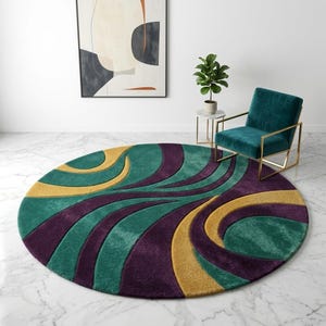Alfombra redonda de lana • Alfombra circular abstracta verde y morada • Patrón retro ondulado • Alfombra colorida tejida a mano para una decoración original de la sala de estar