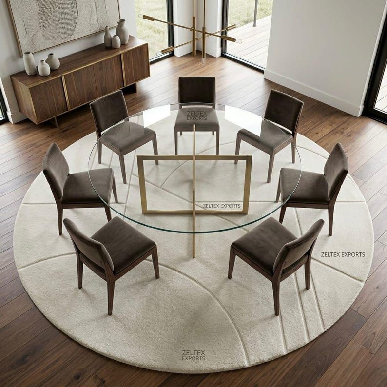 May include: A round glass dining table with a gold-toned metal base featuring a rectangular frame, surrounded by seven dark brown upholstered chairs. The set is placed on a large, circular, cream-colored rug with subtle geometric line patterns.