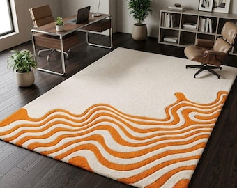 Orange Wavy Rug • Hand Tufted Wool Area Rug • Modern Geometric Rug • Abstract Wave Carpet • Custom Size Living Room Rug • Nordic Home Decor