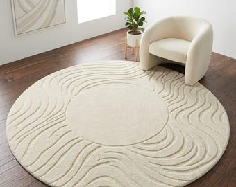 Round Area Rug • Hand Tufted Wool Rug • Cream /Ivory Geometric Rug • Modern Scandinavian Rug • Contemporary Neutral Living Room Decor