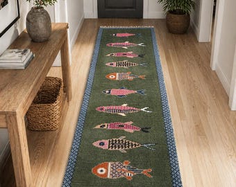 Fish Runner Rug • Handmade Wool Green Hallway Runner Coastal Beach House Long Mat