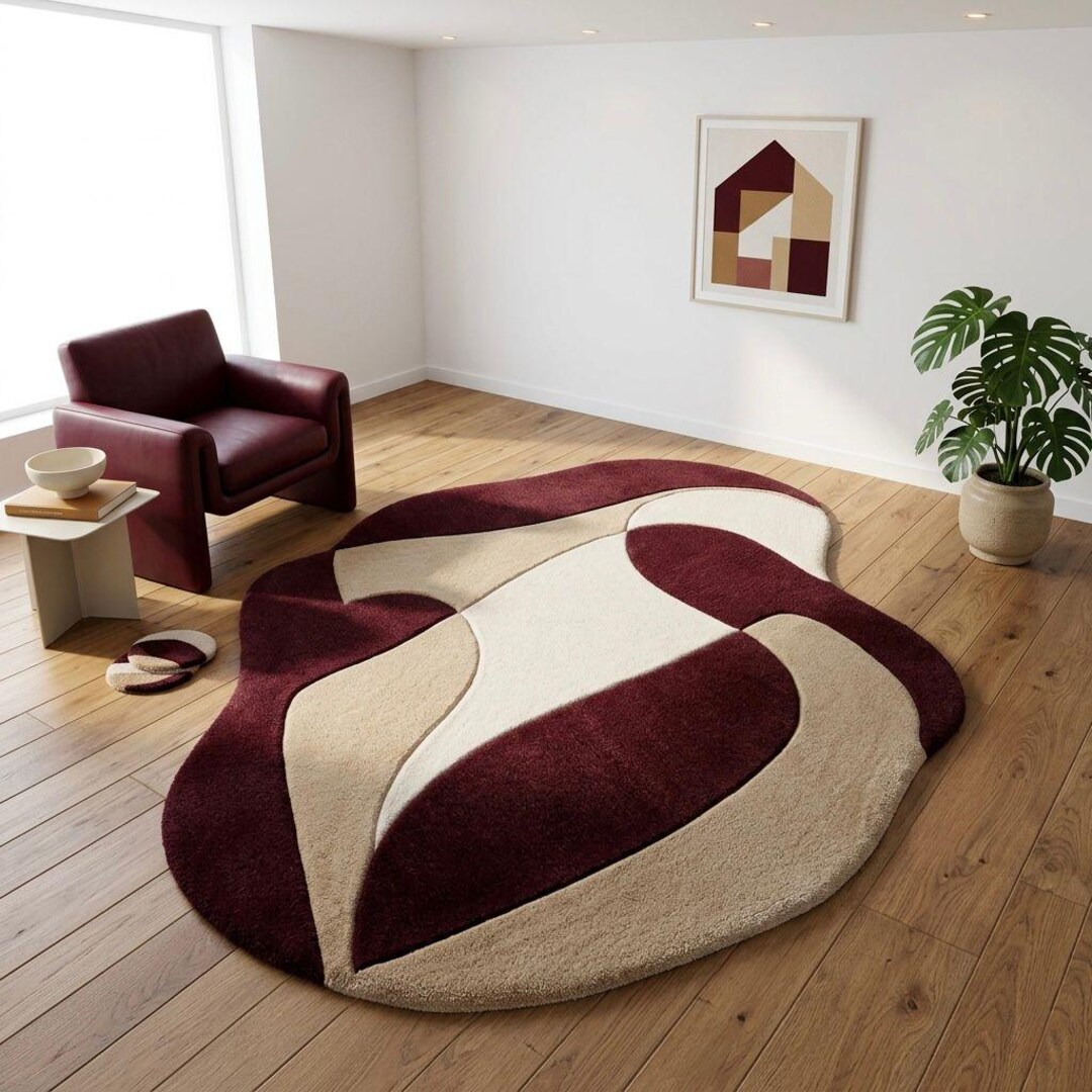 Abstract Organic Shape Rug • Burgundy Beige Hand Tufted Wool Rug ...