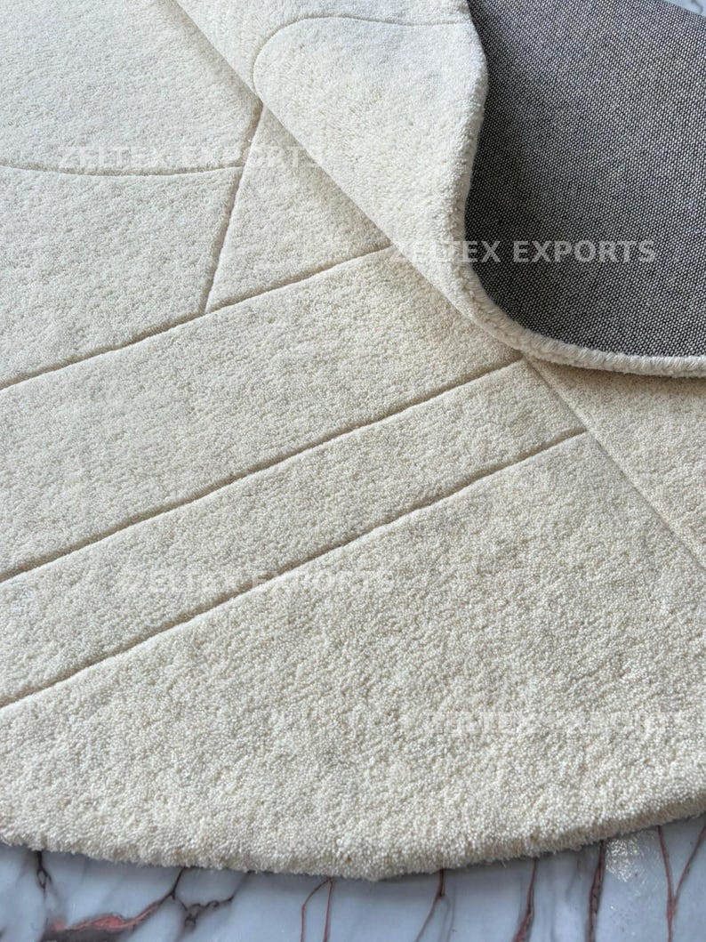 Round Area Rug • Hand Tufted Wool Rug • Cream Ivory Geometric Rug • Modern Scandinavian Rug • Contemporary Neutral Living Room Decor image 2