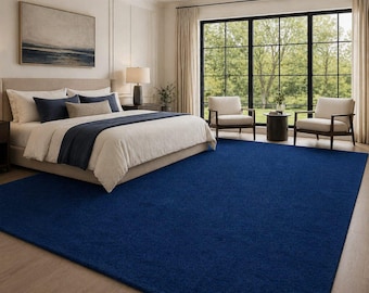 Marineblauer Wollteppich • Fester Blauer Teppich • Handgetufteter Teppich • Minimalistischer schlichter nachtblauer Bodenteppich für Wohnzimmer