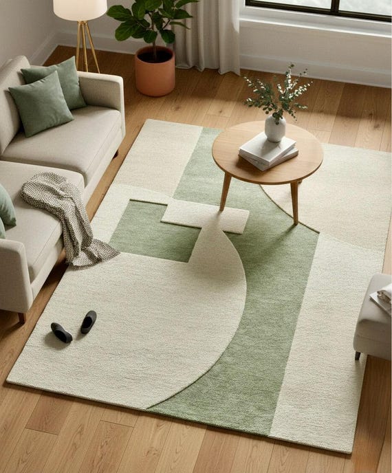 Hand Tufted Rug | Modern Abstract Rug in Green & Cream | Geometric-Minimalist Boho Living Room Carpet.