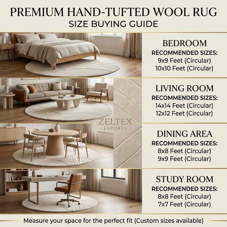 May include: A premium hand-tufted wool rug size buying guide featuring four room settings with circular rugs. Text includes room types, recommended sizes in feet, and the brand name Zeltex Exports. The guide provides visual examples for bedrooms, living rooms, dining areas, and study rooms.