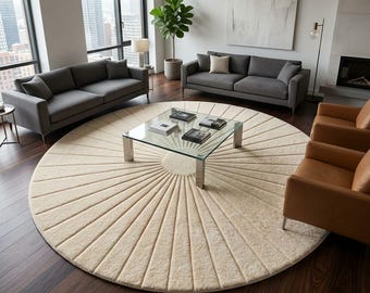 Sunburst Round Wool Rug • Ivory Hand Tufted Area Rug • Cream Textured Carved Rug • Modern Minimalist Circle Carpet • Living Room Decor