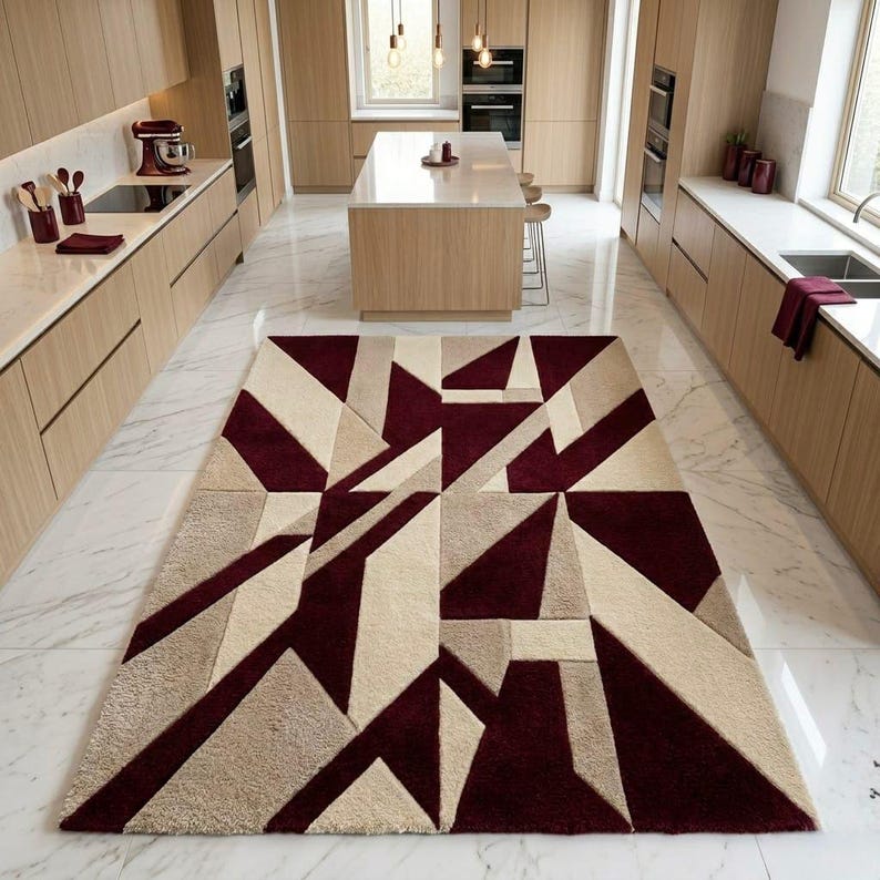 Geometric Modern Tufted Rug • Abstract Wool Rug • Modern Cream Burgundy ...