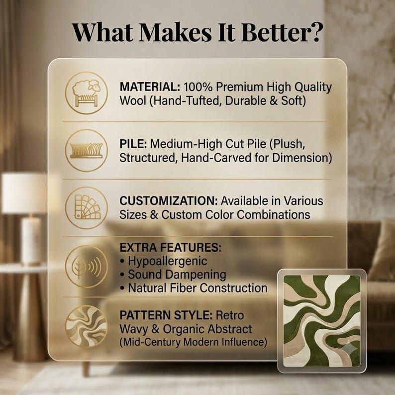 K&ouml;nnte beinhalten: Eine Infografik mit dem Titel What Makes It Better? zu Teppicheigenschaften: 100% Premium-Wolle, mittelhoher Flor, anpassbare Gr&ouml;&szlig;en und Farben, hypoallergen, schalld&auml;mmend, Naturfaserkonstruktion und ein wellenf&ouml;rmiges, abstraktes Muster.