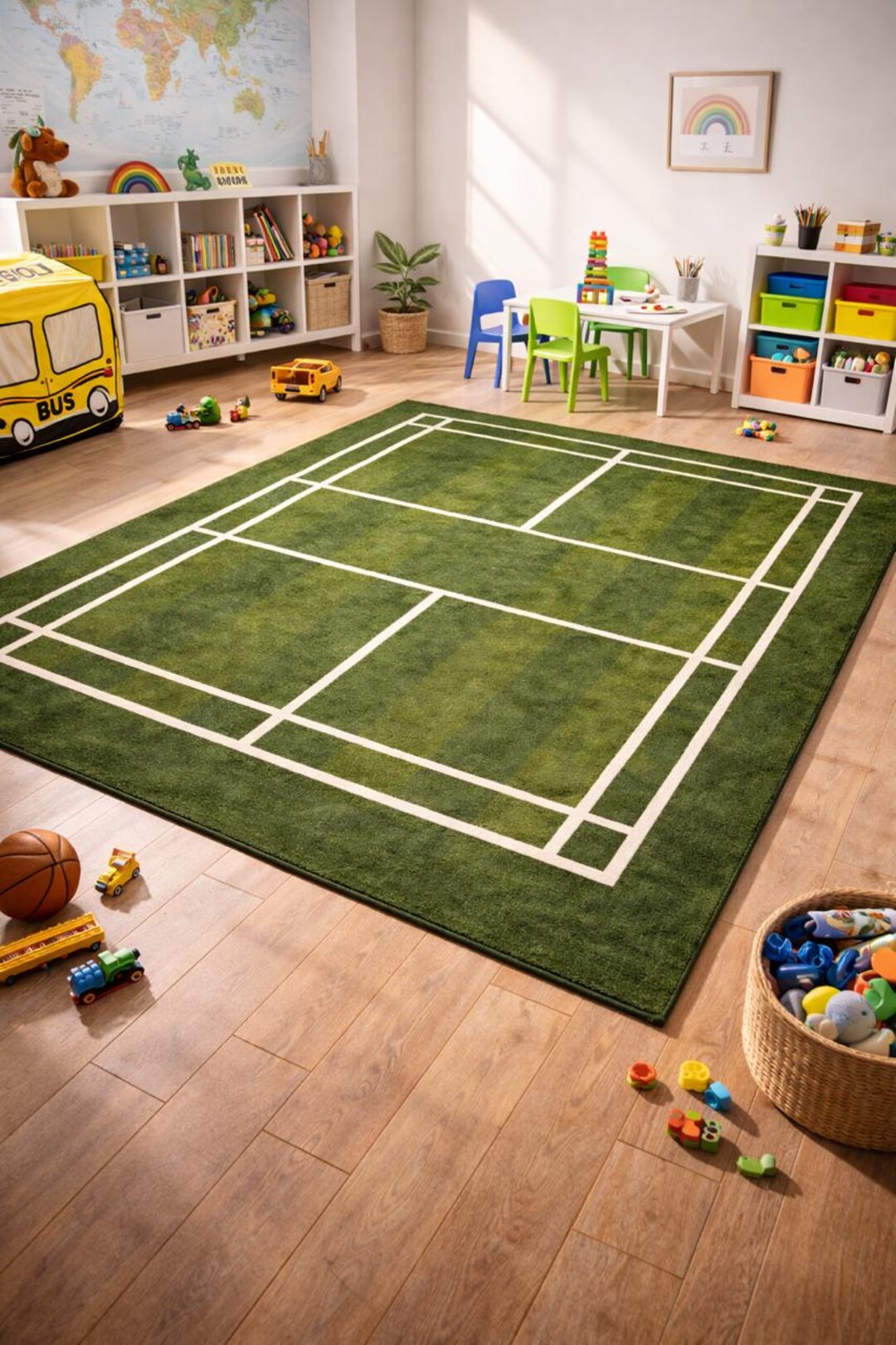 Hand Tufted Rug | Tennis Court Design Wool Area Rug | 8x10 Green Field ...
