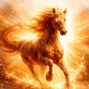Può includere: Una rappresentazione artistica di un cavallo di fuoco, con una criniera e una coda fluenti, che emerge da uno sfondo dorato e radioso. Il testo "The Fire Horse" è in alto, con "A Meditation for Abundance, Wealth, Flow, Power, Money & Rising Energy" in basso.