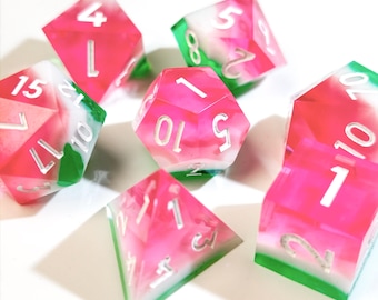 Watermelon Jelly Resin Dice - Pink Polyhedral handmade resin sharp edge dice - Cute DND RPG Gaming - Dungeons and Dragons