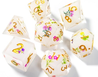 Wildflower Full Set DND Resin Sharp Edge Dice Set, D&D Dice Set for Dungeons and Dragons, Polyhedral Dice Set, DnD Accessory