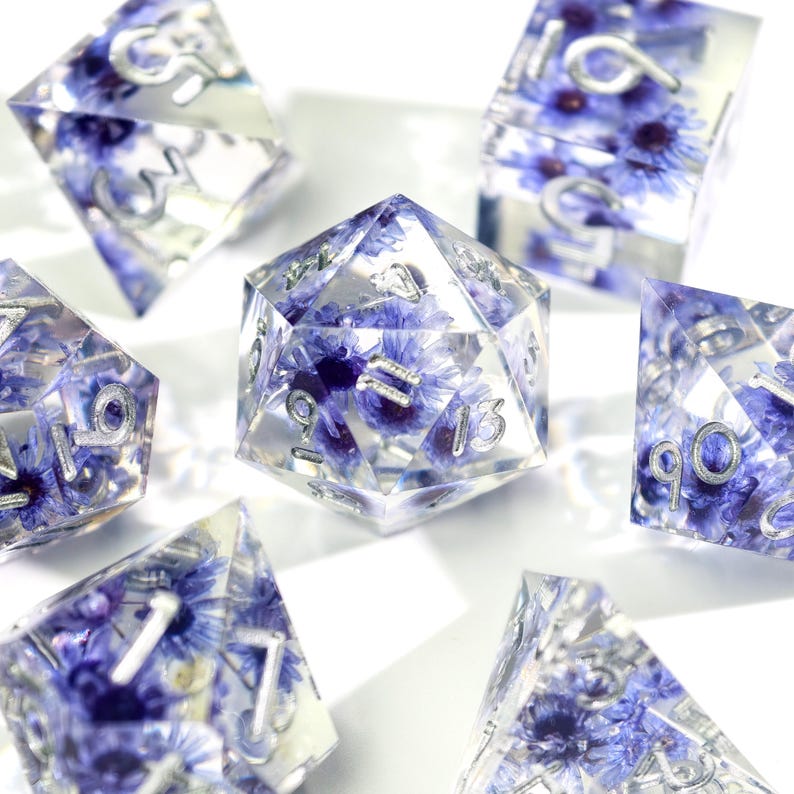 Blue Wildflower Resin Dice Set - Transparent Floral RPG Dice for DND Druid & Fae Characters，with Real Dried Flowers - Antidote Design image 2