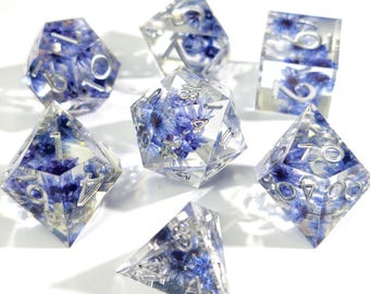 Blue Wildflower Resin Dice Set - Transparent Floral RPG Dice for DND Druid & Fae Characters，with Real Dried Flowers - Antidote Design