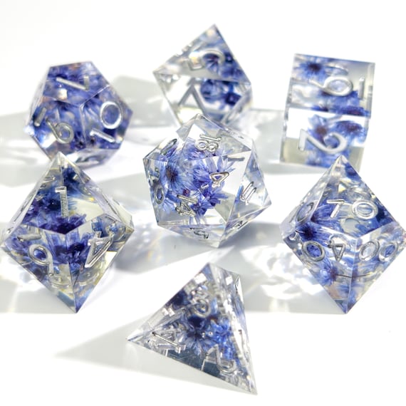 Blue Wildflower Resin Dice Set - Transparent Floral RPG Dice for DND Druid & Fae Characters，with Real Dried Flowers - Antidote Design