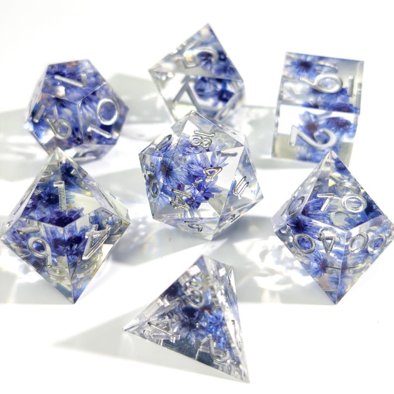 Blue Wildflower Resin Dice Set - Transparent Floral RPG Dice for DND Druid & Fae Characters，with Real Dried Flowers - Antidote Design image 1