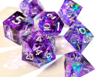 Purple Smoke Resin Dice Set - 7 PCS Transparent Polyhedral with Silver Numbers - Galaxy DND RPG Gaming - Swirling Nebula Collection