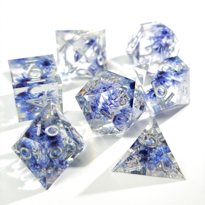 Blue Wildflower Resin Dice Set - Transparent Floral RPG Dice for DND Druid & Fae Characters，with Real Dried Flowers - Antidote Design image 7