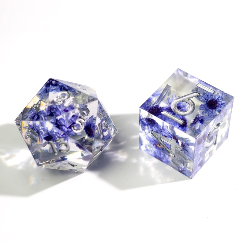 May include: Two clear resin dice with embedded blue flowers and silver numbering. One is a 20-sided die, the other is a six-sided die. The dice are set against a white background.