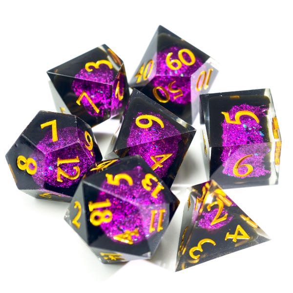 Schwarz Lila Glitter Scharfkantige Harz Würfel Set, DND Harz Würfel Set, Gothic Würfel, Lila Glitzer Würfel für RPG Pathfinder
