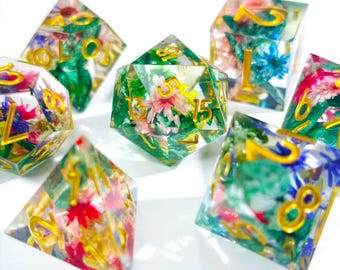 Enchanted Wildflower Resin Dice-Full set of 7-Piece DND dice set for role playing games, Pink DND dice set, Dungeons and Dragons dice