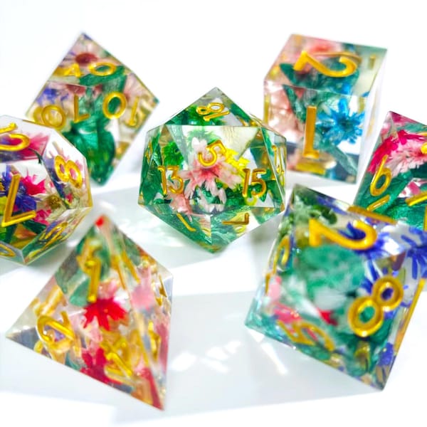 Enchanted Wildflower-harsdobbelstenen - volledige set van 7-delige DND-dobbelstenen voor rollenspellen, roze DND-dobbelstenenset, Dungeons and Dragons-dobbelstenen