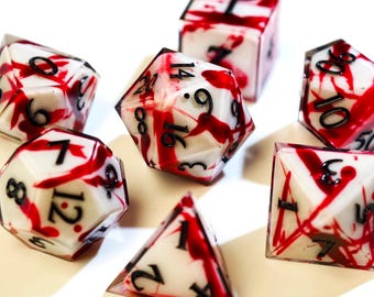 Demon's Blood Handmade Sharp Edge Gothic Dice Blood Swirl Red Clear Resin Polyhedral Dice Set DND TTRPG Dungeons and Dragons