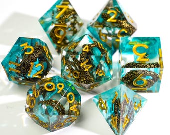 Forgotten Depths Dice Set for DND, Ancient Ocean Resin Dice with Tentacle Core, Ruins Inspired RPG Dice, Polyhedral Tabletop Dice