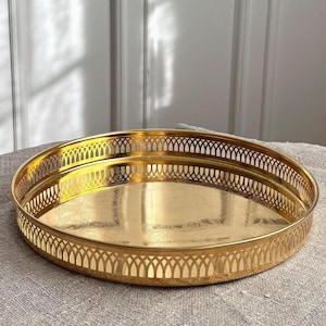 Förgylld stor serveringsbricka, Vintage Scandia 24K guld dryckesbricka, Rund svensk bricka
