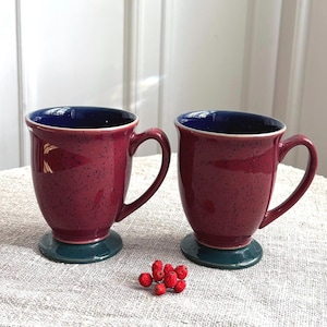 Denby Harlequin fotmuggar set om 2, vintage engelska stengods te- och kaffekoppar