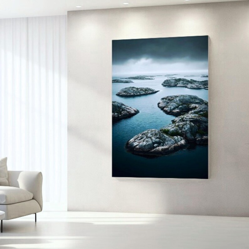 View of Nordic Archipelago at Dusk - Moody Scandinavian Seascape AI Art Print ...