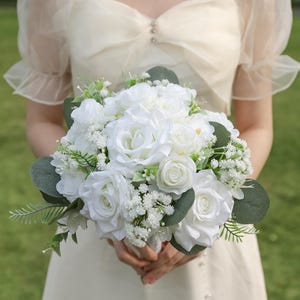 White Rose & Baby’s Breath Bridal Bouquet, Faux Wedding Bouquet, Elegant Ivory Rose Wedding Flowers