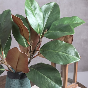 May include: A faux magnolia branch with large, glossy, dark green leaves on the top side and a matte, copper-brown underside. The branch features a textured, woody stem with small, pointed buds, arranged in a vase with a dark, textured finish.