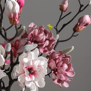 May include: Close-up of a floral arrangement featuring magnolia blossoms in various stages of bloom. The flowers display shades of pink and white, with dark brown branches and buds. The arrangement has a soft, natural aesthetic.