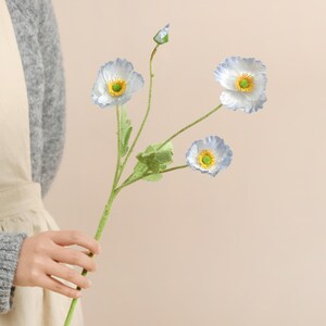 May include: A stem of artificial poppy flowers with white petals edged in light blue, yellow centres, and green leaves. The flowers are in various stages of bloom, with one bud visible. The stem is held by a person.
