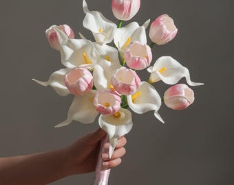 Calla Lily Bridal Bouquet, Pink Tulip Bouquet, Artificial Wedding Flowers, Faux Bridal Bouquet