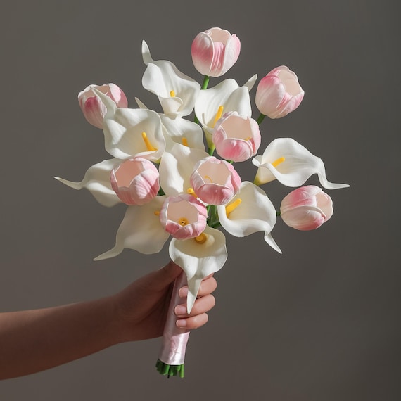 Calla Lily Bridal Bouquet, Pink Tulip Bouquet, Artificial Wedding Flowers, Faux Bridal Bouquet