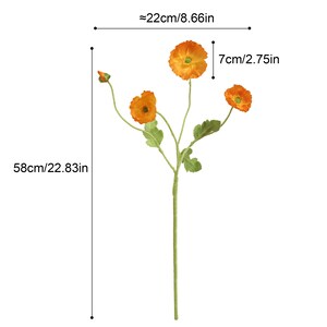 May include: An artificial flower stem featuring orange blooms and green foliage. The stem measures approximately 58 cm (22.83 in) in length and 22 cm (8.66 in) in width. The flower heads are about 7 cm (2.75 in) across.