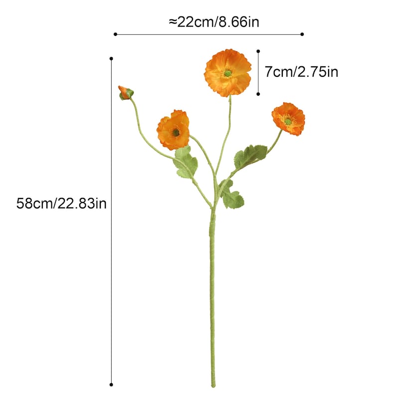 May include: An artificial flower stem featuring orange blooms and green foliage. The stem measures approximately 58 cm (22.83 in) in length and 22 cm (8.66 in) in width. The flower heads are about 7 cm (2.75 in) across.